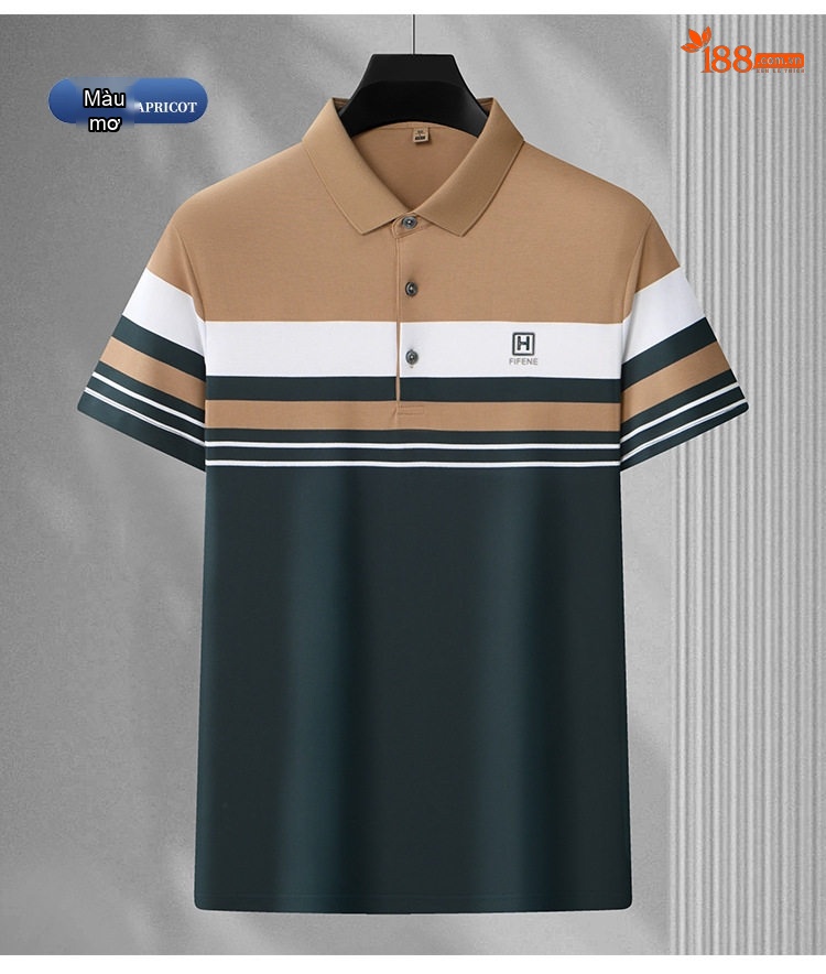Áo Polo Nam Cotton Họa Tiết Sọc Ngang Tay Ngắn Không Nhăn Màu Xám, Xanh, Nâu, Trắng... chi tiết 18