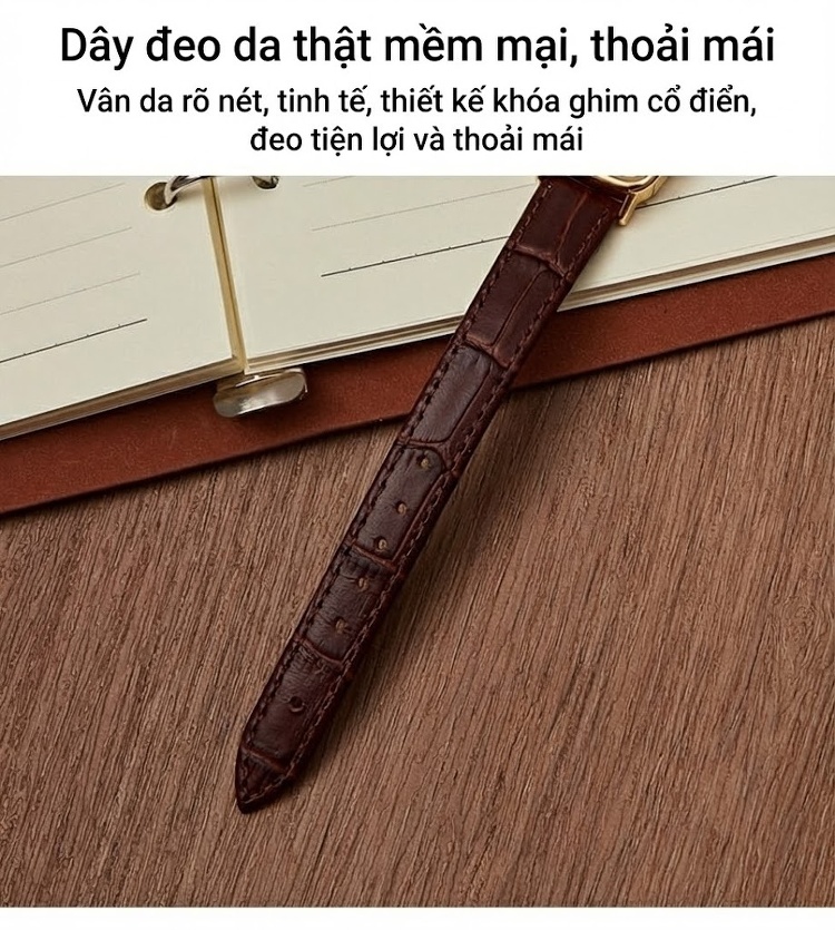 Đồng Hồ Nữ Mặt Vuông Nhỏ Dây Da Thật Cao Cấp Màu Vàng, Đen, Nâu Đỏ, Bạc chi tiết 3