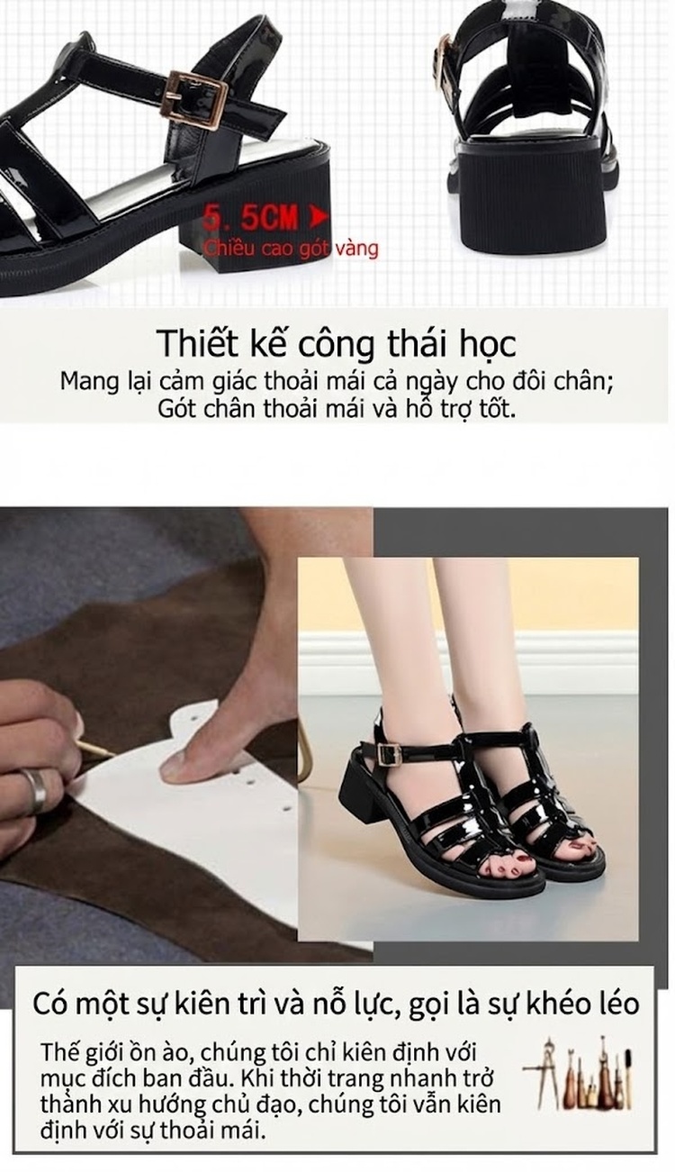 Dép Sandal Nữ Quai Dây Da Bóng Đế Cao 5cm - 6cm Màu Trắng, Đen chi tiết 5