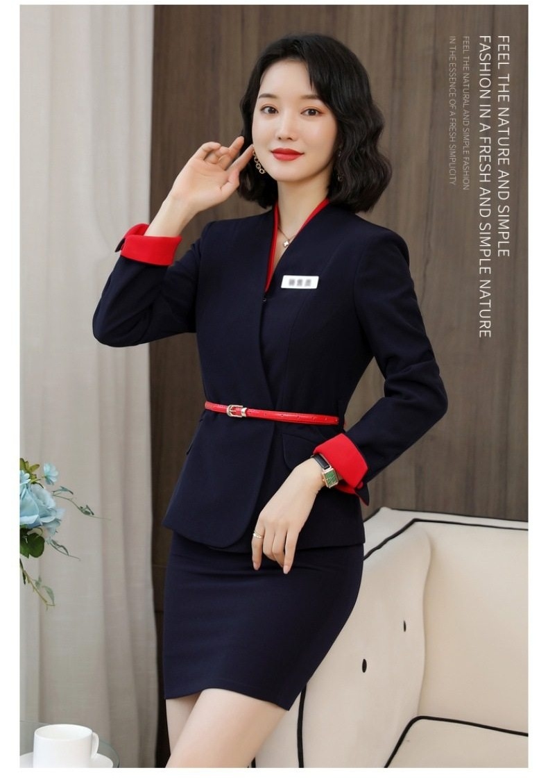 Set Bộ Vest Công Sở Nữ Tay Dài Cổ chữ V Màu Xanh Navy Phối Đỏ chi tiết 10