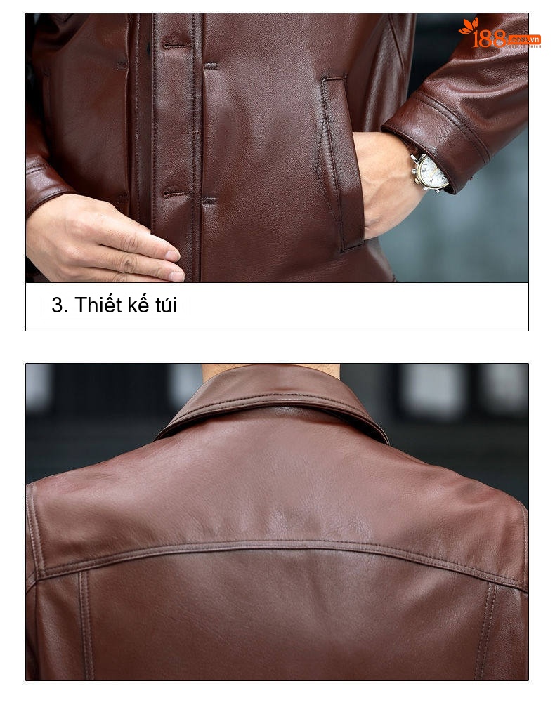 Áo Khoác Da Thật Nam Cổ Bẻ Phong Cách Biker Màu Nâu chi tiết 13