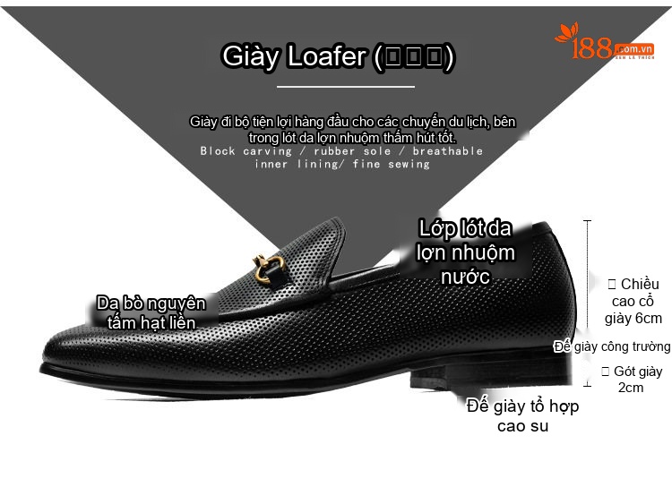 Giày Lười Nam Da Đục Lỗ Thoáng Khí Công Sở Chiều Cao Đế Khoảng 3cm Màu Đen chi tiết 2