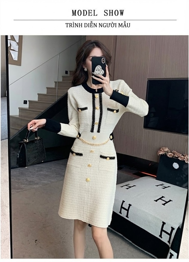 Váy Liền Thân Dệt Kim Tiểu Thư Cổ Tròn Tay Dài Màu Kem, Đen chi tiết 5
