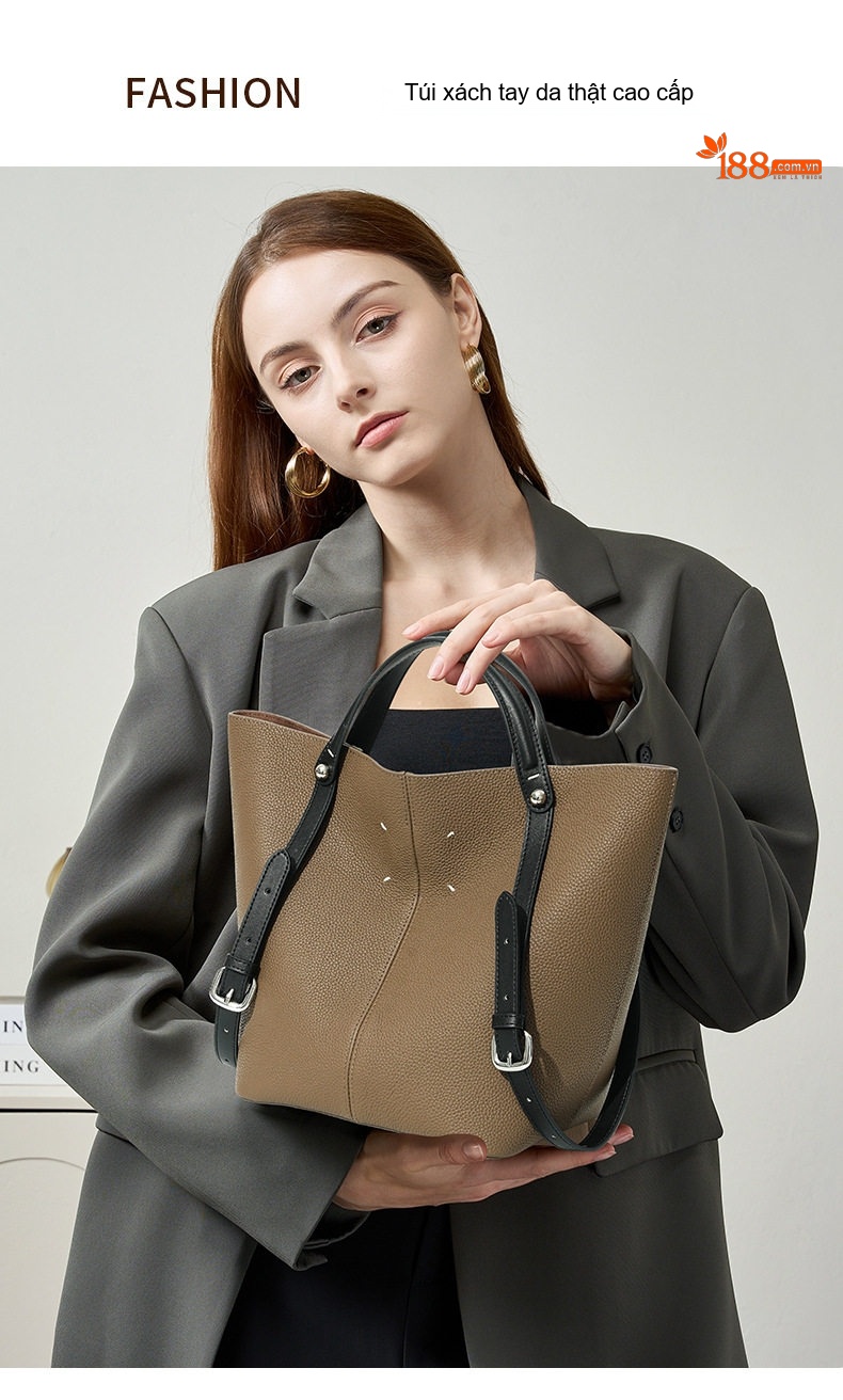 Túi Tote Da Bò Sức Chứa Lớn Đeo Vai Công Sở Phong Cách Tối Giản Màu Kem, Nâu chi tiết 2