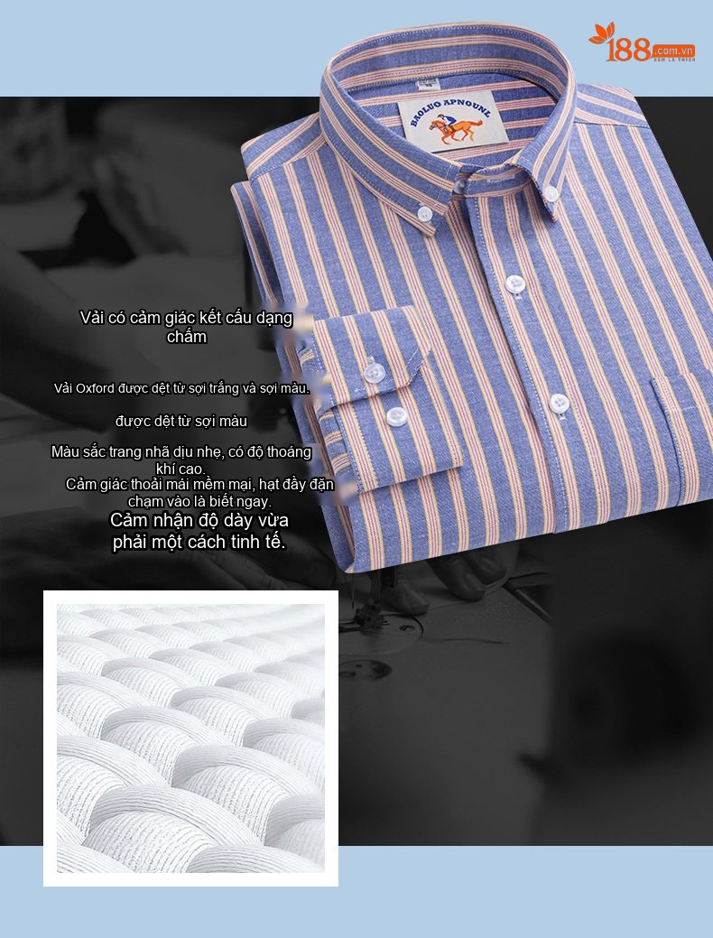 Áo Sơ Mi Nam Tay Dài Oxford Cotton Thoáng Khí Họa Tiết Kẻ Sọc Lớn Màu Xanh Dương, Đen, Trắng, Xám... chi tiết 12
