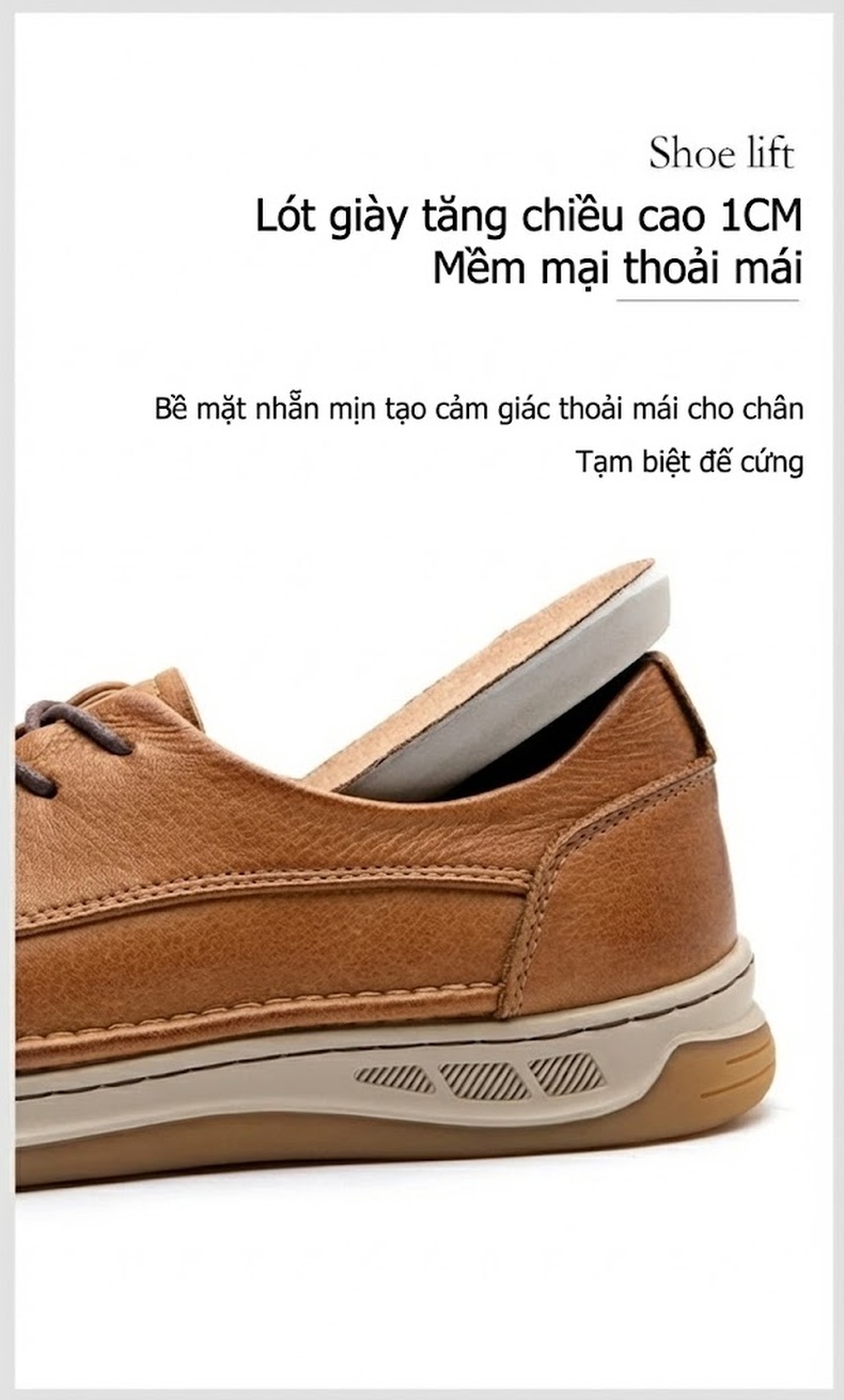 Giày Tây Buộc Dây Nam Da Thật Thoáng Khí Chiều Cao Đế Khoảng 3cm Màu Nâu, Đen chi tiết 10