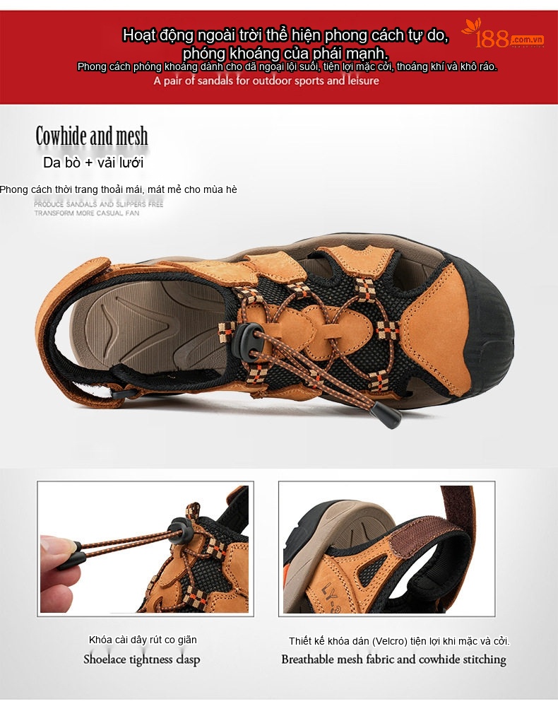 Sandal Da Bò Nam Quai Hậu Outdoor Đế Cao 3cm chi tiết 34