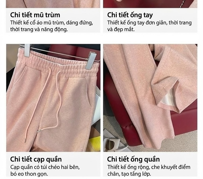 Set bộ thể thao nữ áo hoodie quần ống rộng phong cách trẻ trung chi tiết 3
