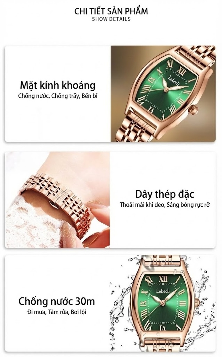 Đồng Hồ Nữ Labaoli Dây Kim Loại Màu Vàng Hồng Mặt Xanh Lá, Đỏ, Xanh Dương, Tím... chi tiết 16