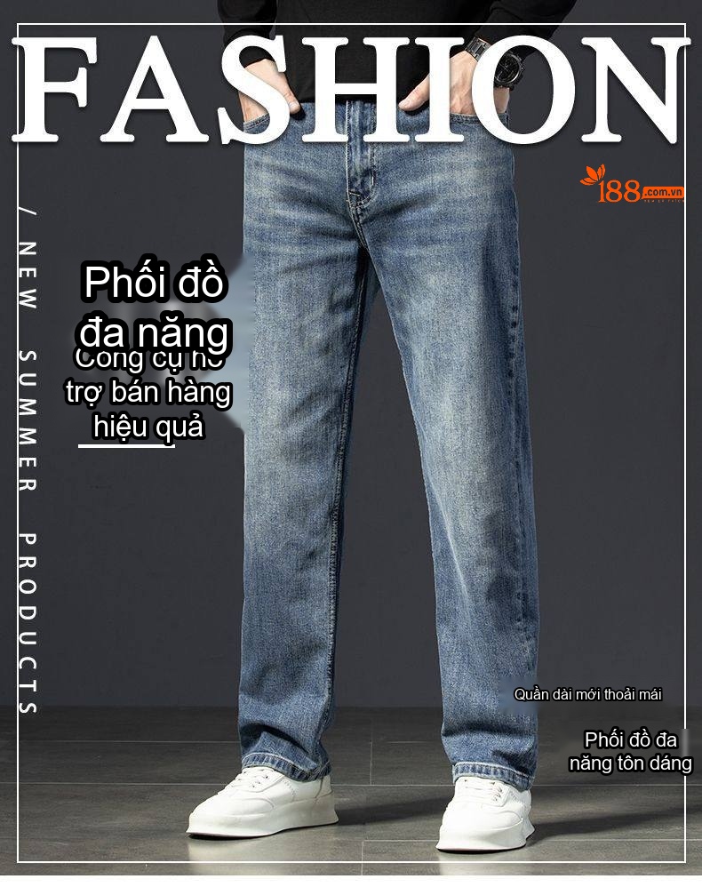 Quần Jean Nam Cotton Co Giãn Dáng Suông Rộng Thoải Mái Màu Xanh chi tiết 14
