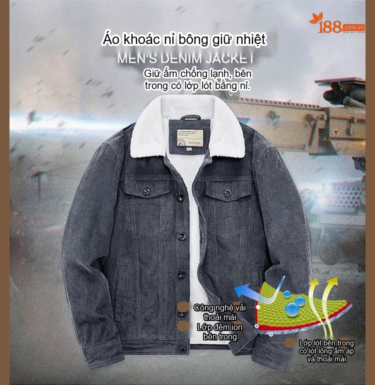 Áo Khoác Nam Cotton Lót Lông Cổ Bẻ Dáng Rộng Giữ Ấm Màu Xám, Nâu, Đen chi tiết 13