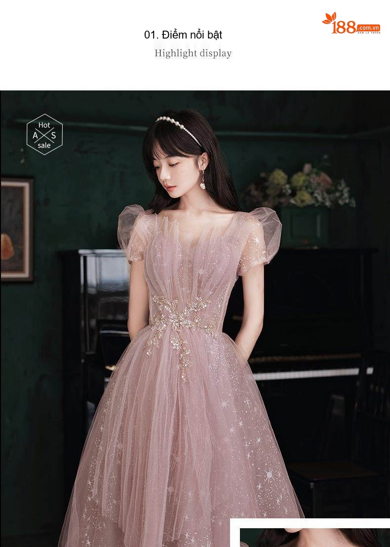 Váy Dạ Hội Dáng Dài Tay Ngắn Màu Hồng chi tiết 3