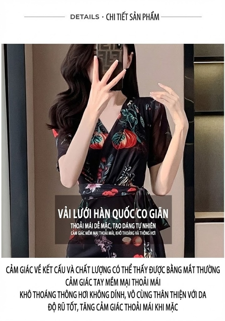 Váy Midi Nữ Tay Ngắn Thắt Eo Dáng Ôm Vải Voan Mỏng Nhẹ Họa Tiết Hoa Lá Màu Đen, Trắng, Tím... chi tiết 3