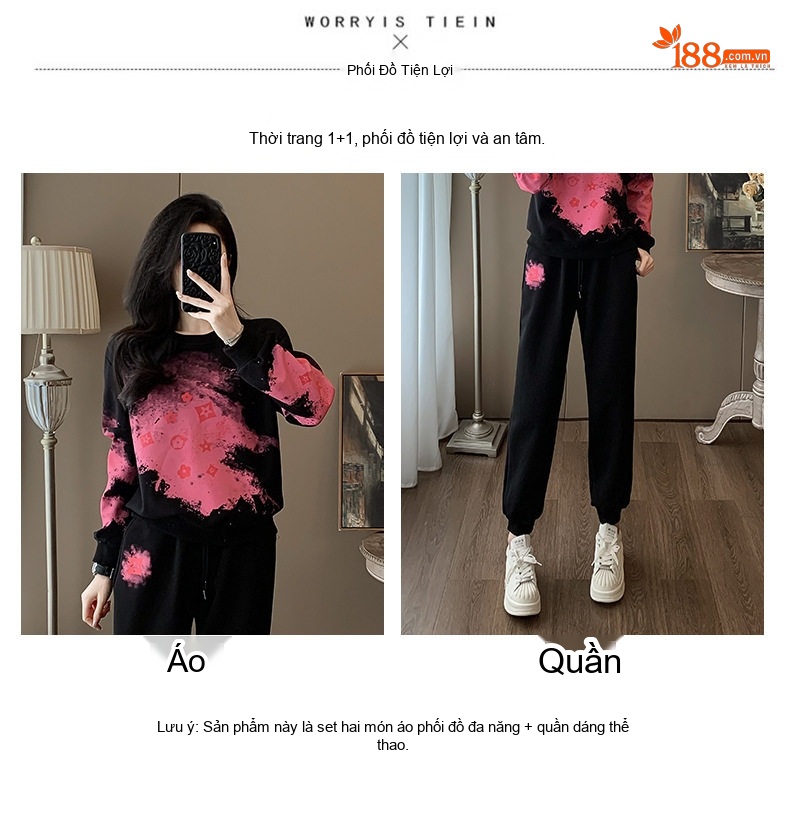 Set Bộ Nỉ Thu Đông Nữ Áo Tay Dài Quần Dài Thể Thao Phong Cách Thời Trang Màu Đen, Hồng chi tiết 5