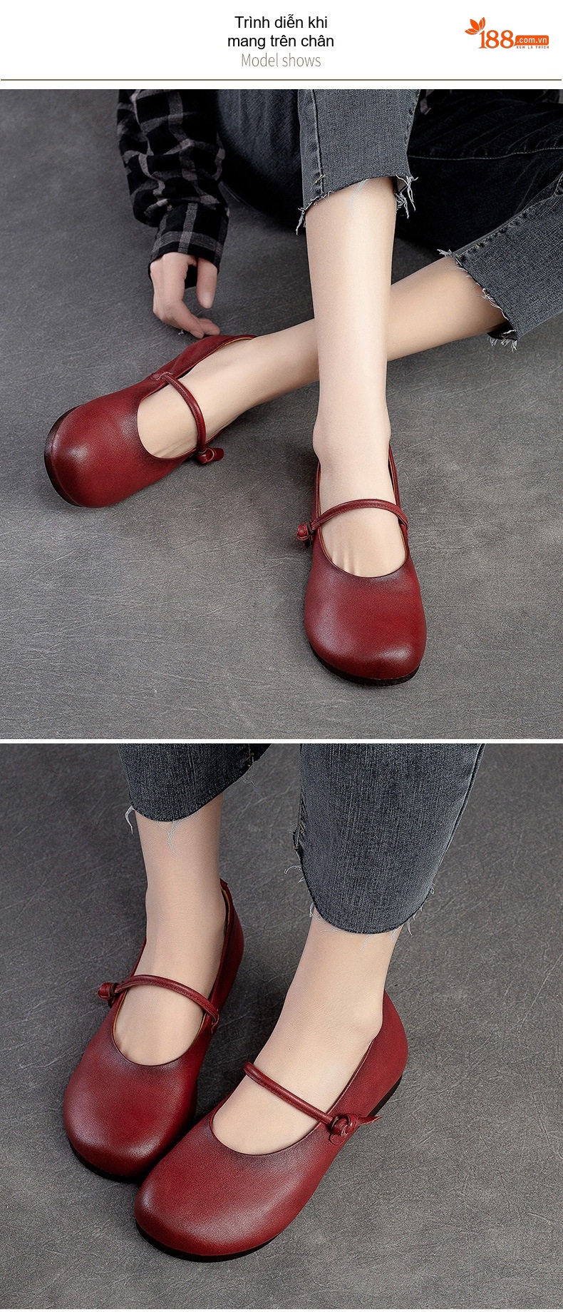 Giày Búp Bê Nữ Quai Ngang Da Bóng Chiều Cao Đế Khoảng 1cm Màu Nâu, Đỏ chi tiết 8