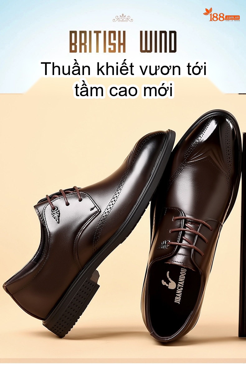 Giày Tây Buộc Dây Nam Da Bò Mềm Chiều Cao Đế Khoảng 3cm Màu Đen, Nâu chi tiết 1