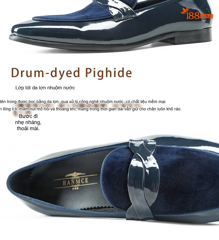 Giày Lười Nam Da Bóng Nỉ Chiều Cao Đế Khoảng 2cm Màu Xanh Navy chi tiết 2