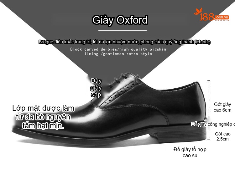 Giày Tây Buộc Dây Nam Da Bò Mũi Nhọn Brogue Chiều Cao Đế Khoảng 3cm Màu Đen, Đỏ Rượu chi tiết 2