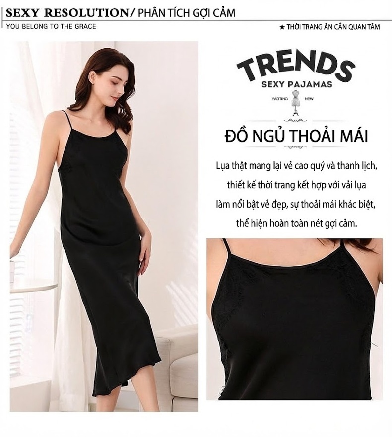 Váy ngủ lụa dài 100% tơ tằm cổ tròn dây đeo mùa hè chi tiết 2