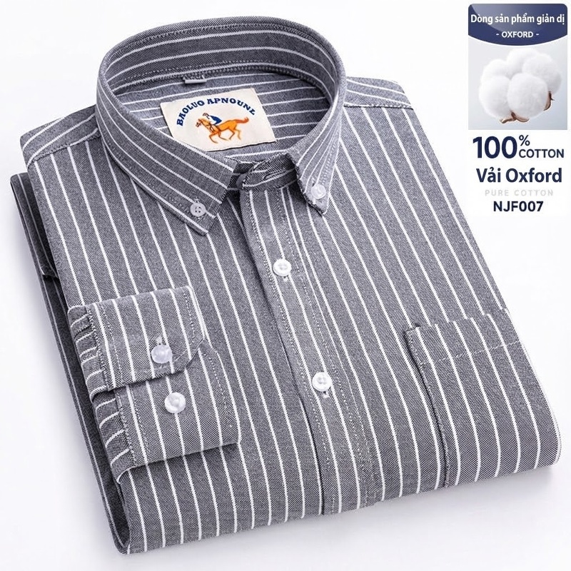 Áo Sơ Mi Nam Tay Dài Oxford Cotton Thoáng Khí Họa Tiết Kẻ Sọc Lớn Màu Xanh Dương, Đen, Trắng, Xám...