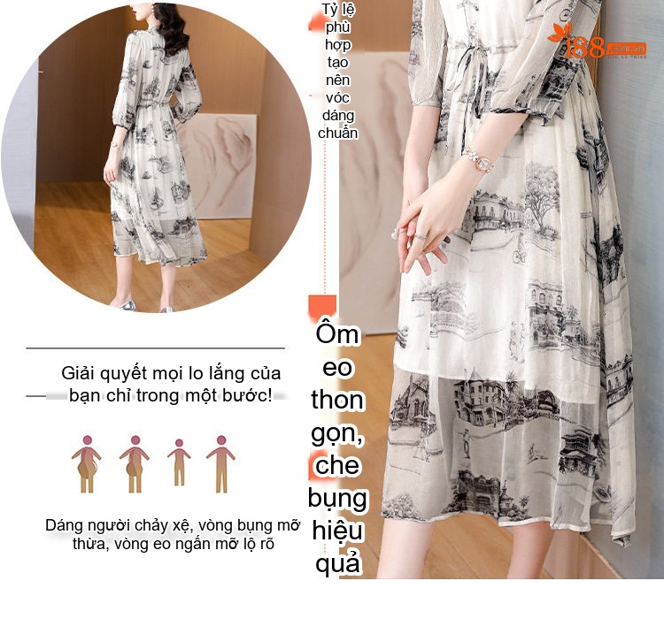 Váy Lụa A Line Nữ Thắt Eo Thiết Kế Thanh Lịch Họa Tiết Trắng Đen chi tiết 5