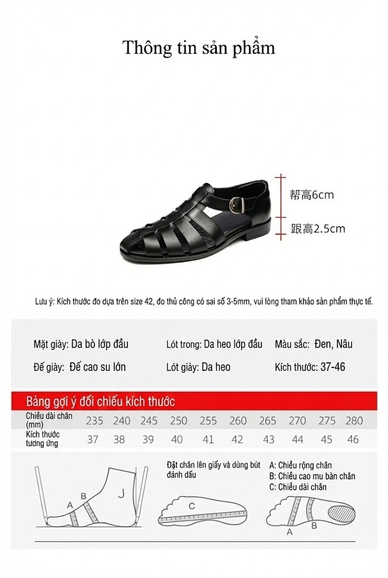Sandal Rọ Nam Da Bò Quai Khóa Chiều Cao Đế Khoảng 2cm Màu Nâu, Đen chi tiết 6