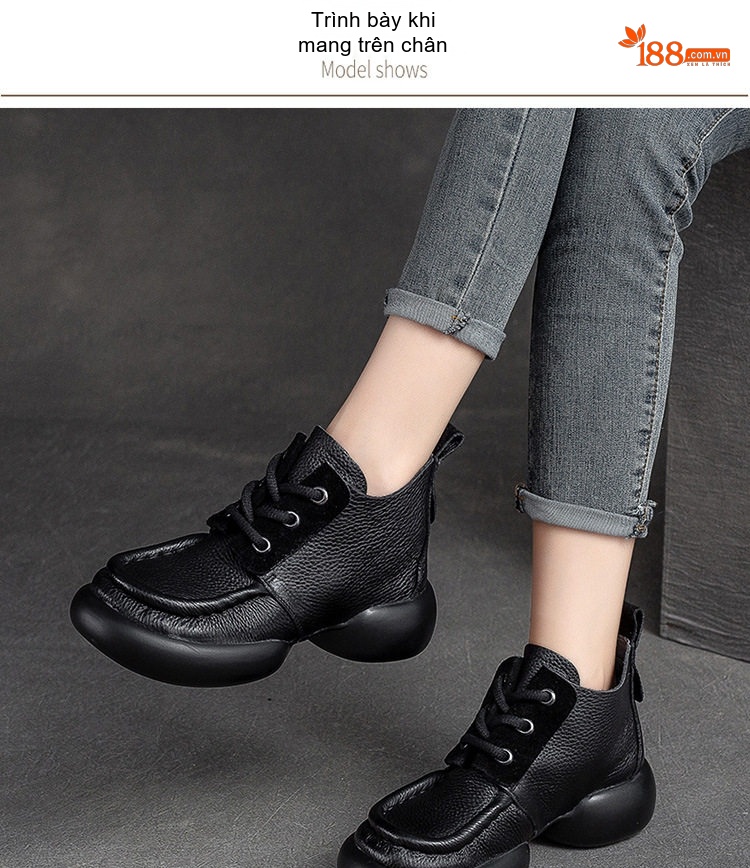 Giày Boot Nữ Cao Cổ Da Bò Buộc Dây Phong Cách Retro Chiều Cao Đế Khoảng 5cm Màu Nâu, Đen chi tiết 6