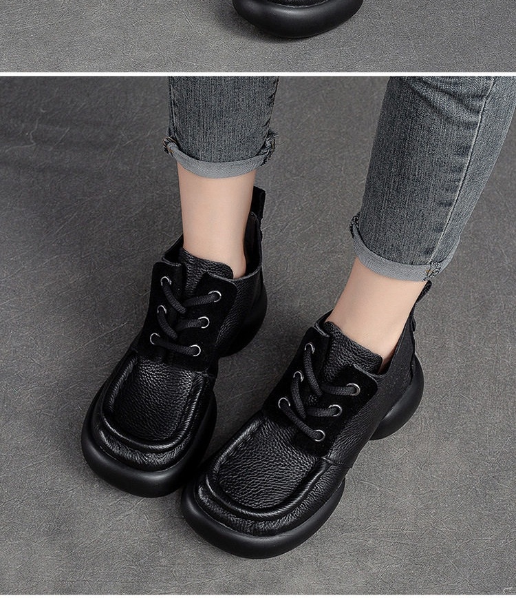 Giày Boot Nữ Cao Cổ Da Bò Buộc Dây Phong Cách Retro Chiều Cao Đế Khoảng 5cm Màu Nâu, Đen chi tiết 7