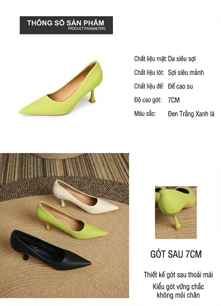 Giày Cao Gót Nữ Mũi Nhọn Gót Nhọn Chiều Cao Đế Khoảng 5cm Màu Đen, Trắng, Xanh Lá chi tiết 3