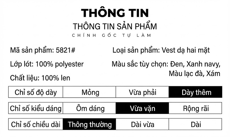 Áo Vest Nam 100% Lông Cừu Mỏng Dáng Ôm Thu Đông Màu Nâu, Xám, Đen chi tiết 9