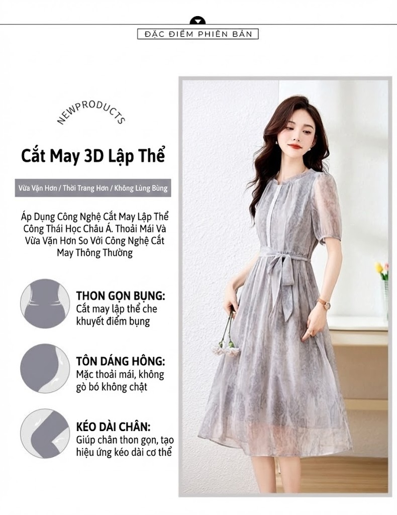 Đầm Xòe Nữ Tay Ngắn Thiết Kế Thanh Lịch Thoáng Mát Chất Liệu Voan Màu Hồng, Xám chi tiết 7