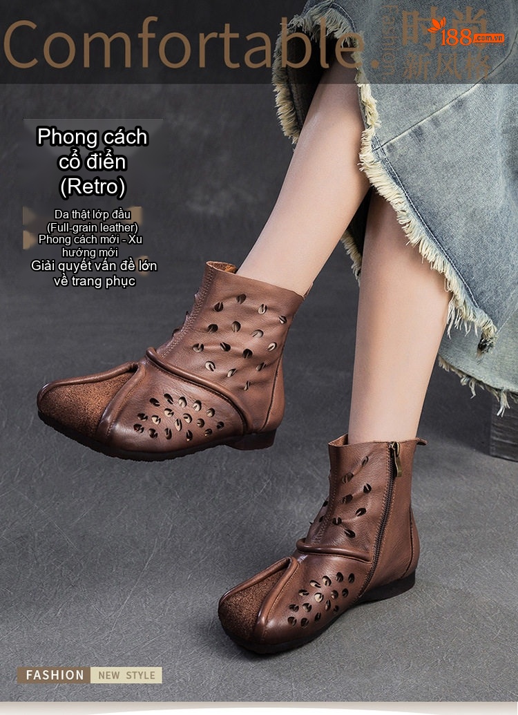 Boot Nữ Da Bò Cao Cổ Khoét Lỗ Thoáng Khí Chiều Cao Đế Khoảng 2cm Màu Nâu, Vàng chi tiết 1