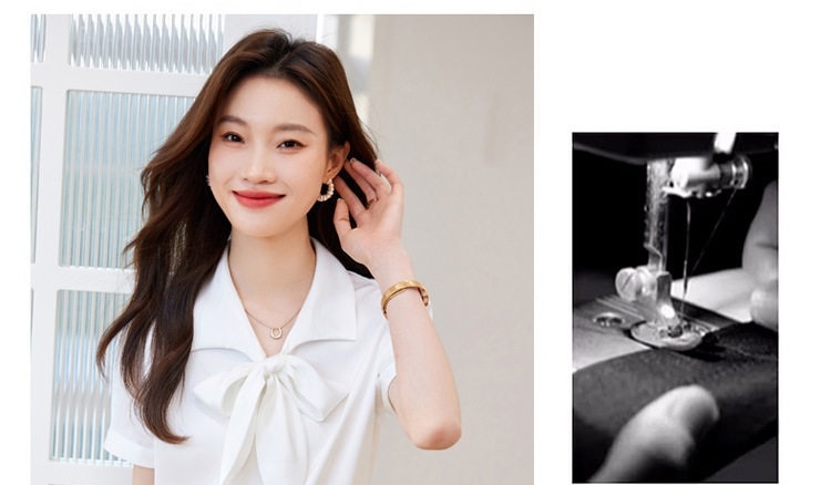 Áo Sơ Mi Tay Ngắn Nữ Cổ Nơ Chất Liệu Tuyết Chiffon Màu Hồng, Trắng chi tiết 4