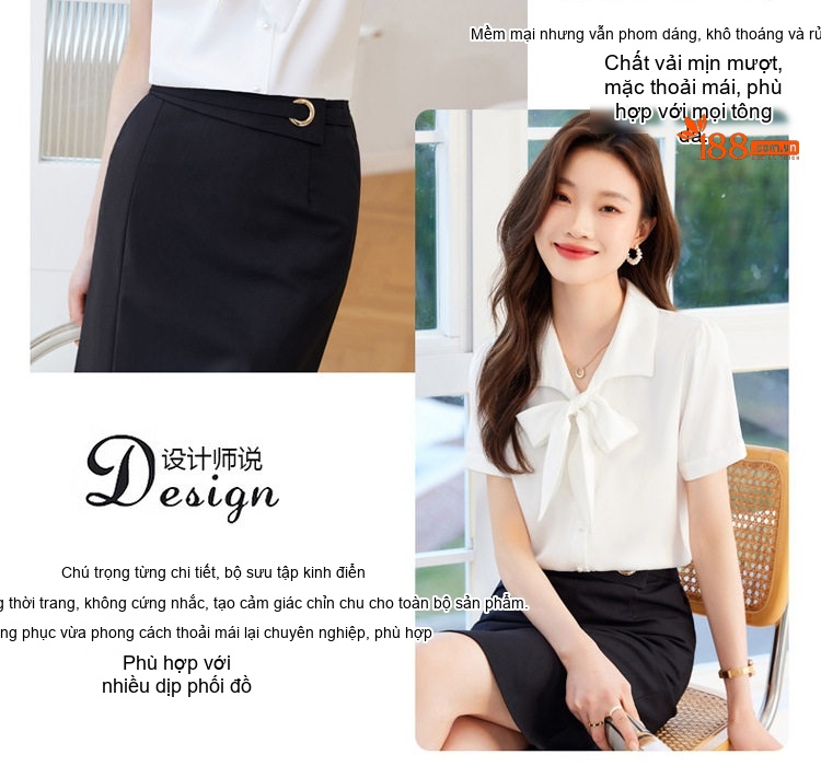 Áo Sơ Mi Tay Ngắn Nữ Cổ Nơ Chất Liệu Tuyết Chiffon Màu Hồng, Trắng chi tiết 5