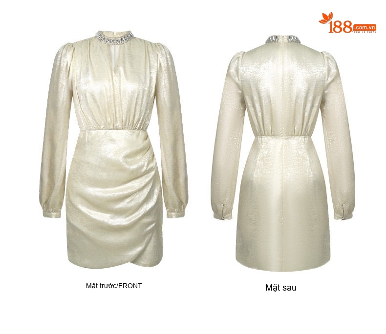 Đầm Dự Tiệc Nữ Dáng Ôm Eo Xẻ Tà Đính Đá Cổ Tròn Tay Dài Màu Vàng Gold chi tiết 5