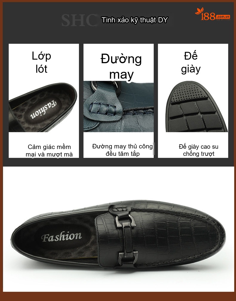 Giày Lười Nam Da Vân Cá Sấu Chiều Cao Đế Khoảng 2cm Màu Đen, Xanh Navy chi tiết 11