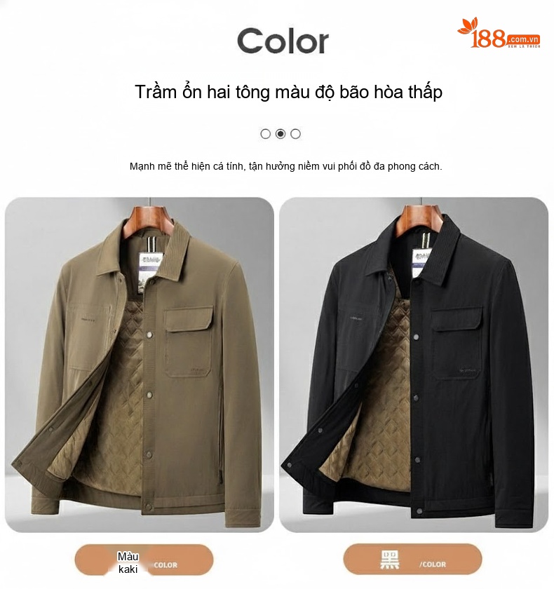 Áo Khoác Cotton Nam Tơ Tằm Chần Bông Dáng Ôm Vừa Màu Xanh Olive, Đen chi tiết 14
