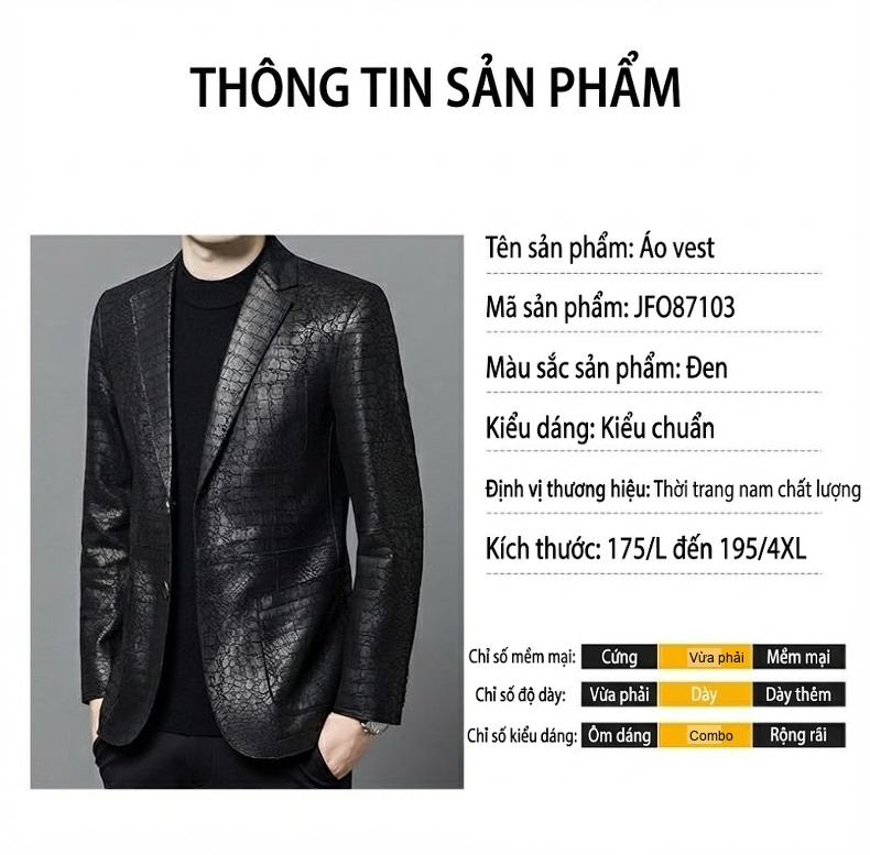 Áo Khoác Blazer Nam Da Cừu Thật Vân Cá Sấu Lịch Lãm Màu Đen chi tiết 3