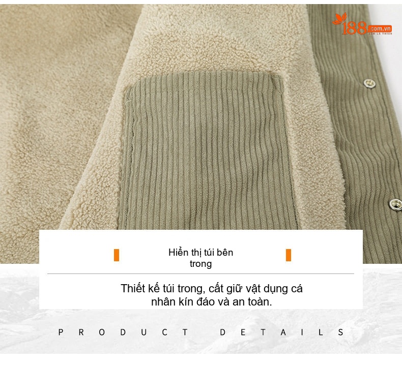 Áo Khoác Nam Cổ Bẻ Vải CORDUROY Dáng Bomber Màu Đen, Kem, Xanh Olive chi tiết 34