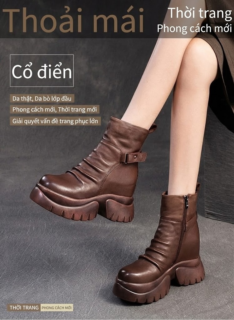 Boot Nữ Da Bóng Đế Xuồng Dày Dặn Tăng Chiều Cao Chiều Cao Đế Khoảng 8cm Màu Đen, Nâu chi tiết 1