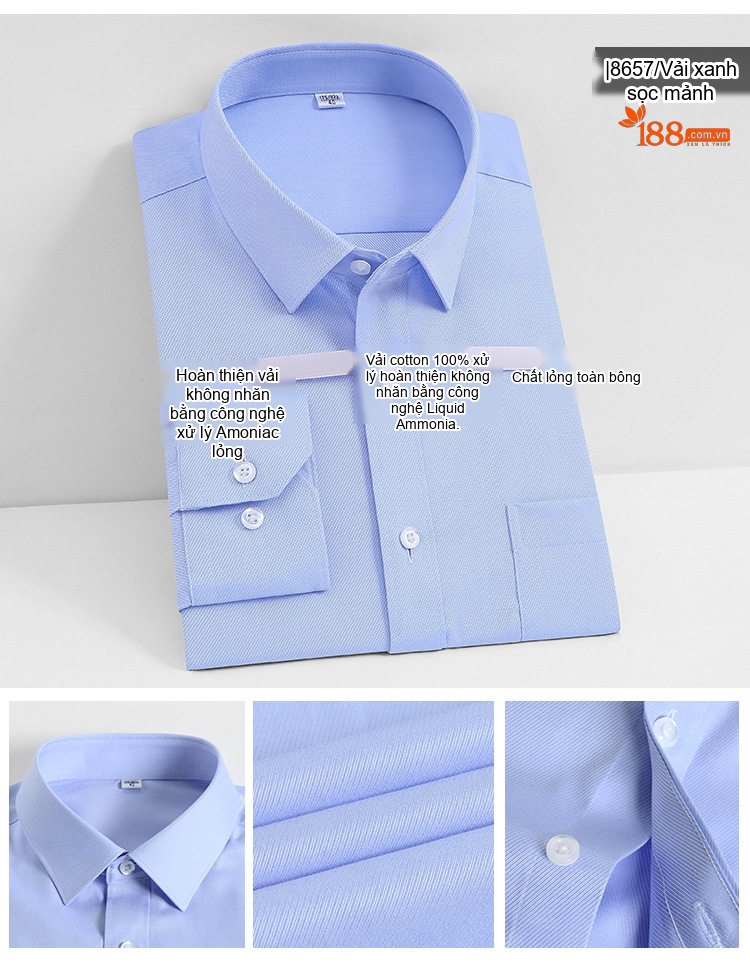 Áo Sơ Mi Dài Tay Nam Cotton Cao Cấp Chống Nhăn Màu Trắng, Xanh Dương, Đen, Đỏ... chi tiết 17