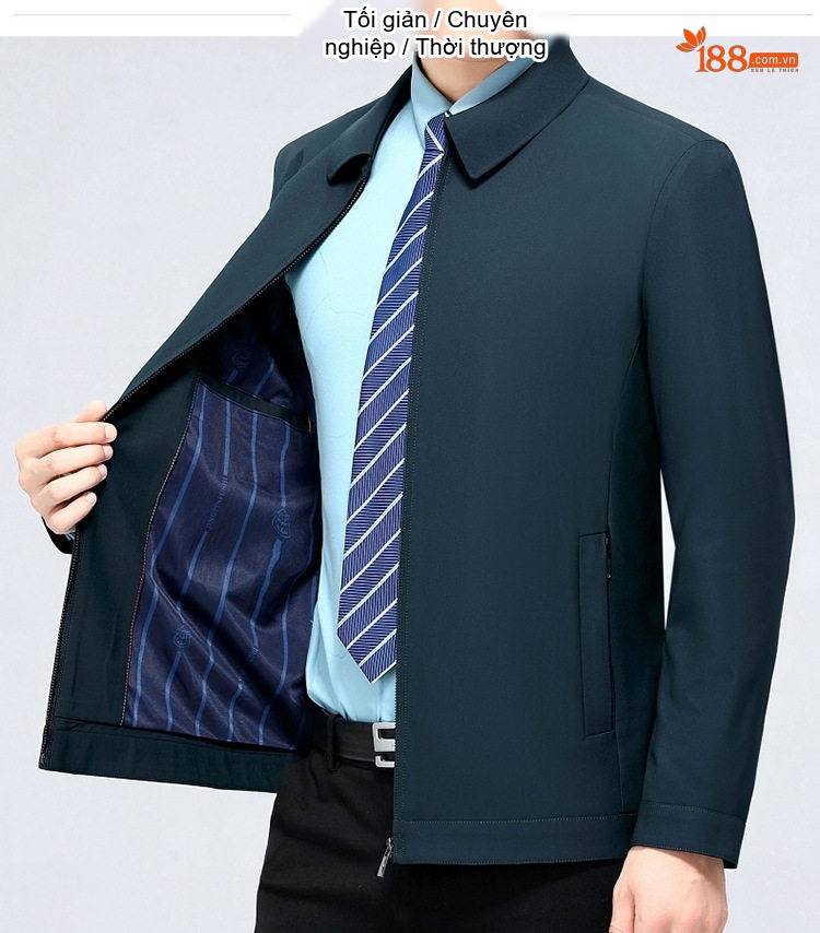 Áo Khoác Nam Cổ Bẻ Khóa Kéo Dáng Suông Rộng Vải Dệt Màu Xanh Navy, Đỏ Rượu, Be, Xanh Đen, Xám... chi tiết 25