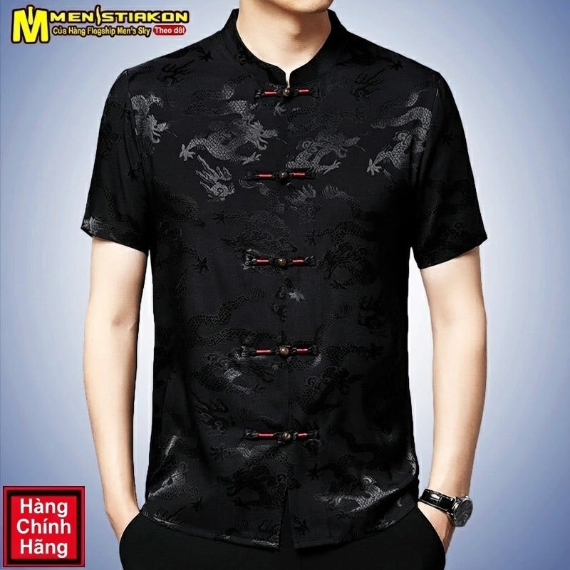 Áo Sơ Mi Nam Trung Niên Tay Ngắn Cổ Tàu Phong Cách Trung Hoa Lụa Gấm Màu Xanh Navy, Đỏ, Đen, Trắng...