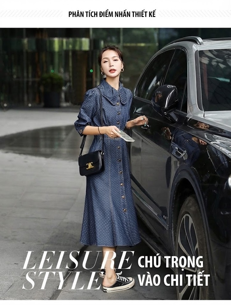 Váy Dài Nữ Tay Lỡ Cổ Bẻ Họa Tiết Chấm Bi Phong Cách Âu Mỹ Thanh Lịch chi tiết 5