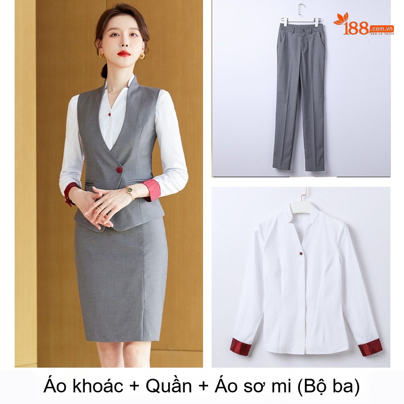 Bộ Vest Công Sở Nam Nữ Áo Ghile Quần Dài Công Nhân Lễ Tân Khách Sạn Màu Xám, Xanh Navy, Đỏ
