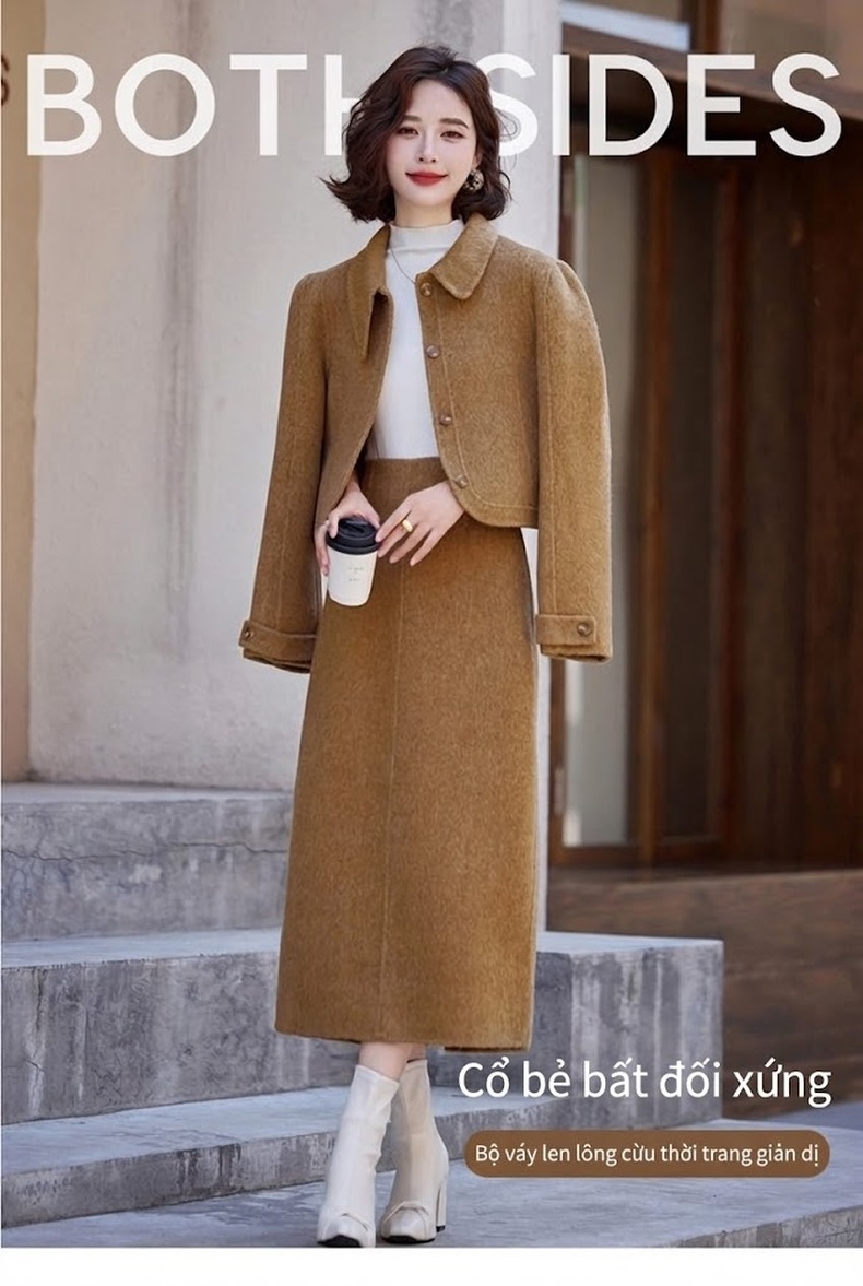 Set Áo Khoác Lửng Nữ và Chân Váy Bút Chì Vải Lông Cừu Hai Mặt Phong Cách Hàn Quốc Màu Nâu, Xám, Kem chi tiết 1