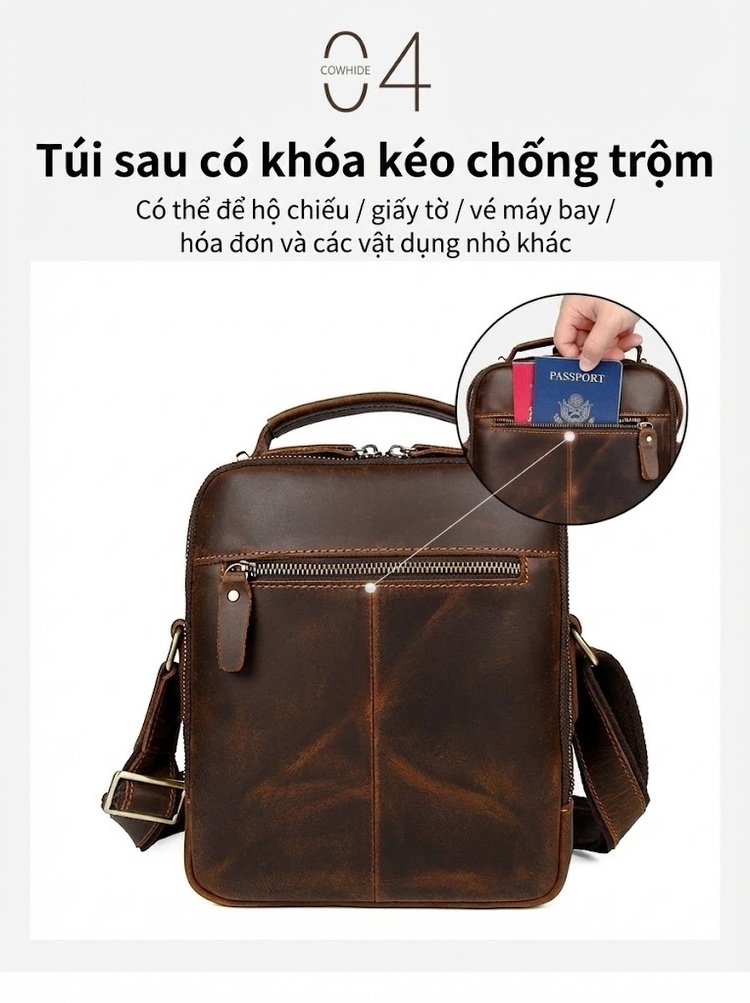 Túi Đeo Chéo Nam Da Thật Túi Đeo Vai Da Mad Horse Màu Nâu chi tiết 6