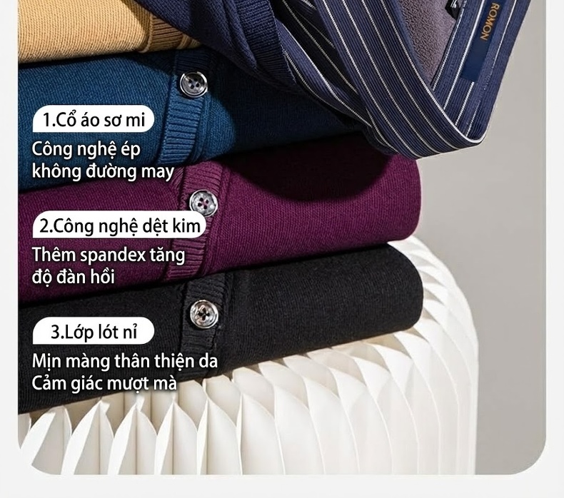 Áo Cardigan Nam Dệt Kim Lót Lông Giữ Ấm Kháng Khuẩn Màu Đen, Trắng, Xám, Xanh Navy... chi tiết 15