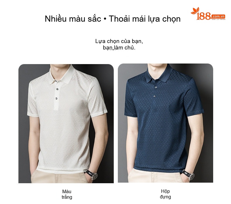 Áo Polo Nam Tay Ngắn桑蚕丝 Lụa Gân Khuy Cài Phong Cách Doanh Nhân Màu Trắng, Xanh Navy chi tiết 3
