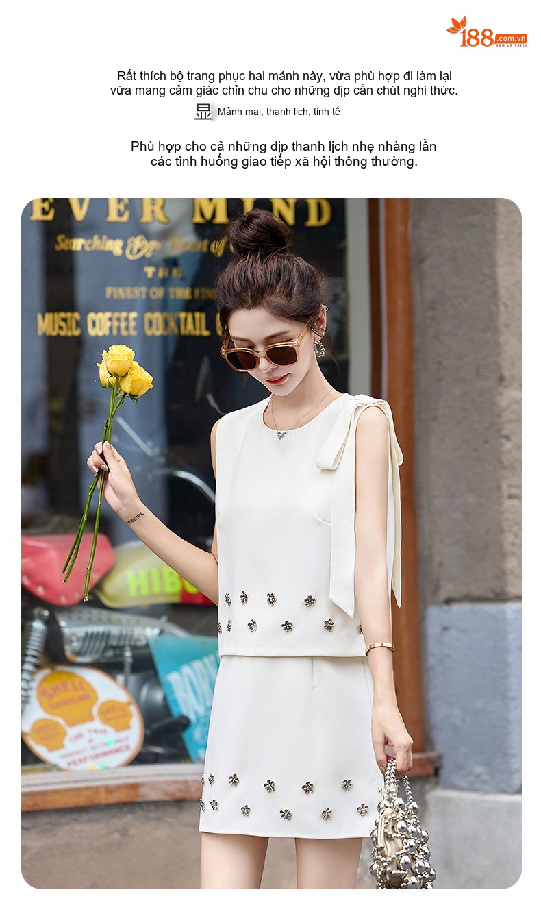 Set Bộ Áo Không Tay Và Chân Váy Ngắn Phong Cách Tiểu Thư Thanh Lịch Màu Trắng, Đen chi tiết 3